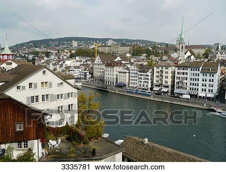 Stock Image - View of city and Limmat River, Zurich, Switzerland, bird's eye view . Fotosearch