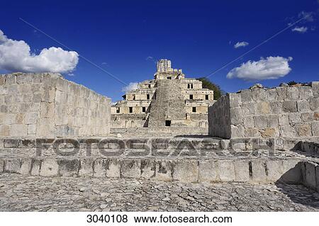 Stock Photo - View over stairs to the Five-Storeyed Building (Edificio de los Cinco Pisos) at the Maya ruin site of Edzna, Yucatan, Mexico . Fotosearch