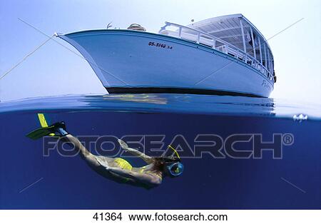 Picture - Woman snorkelling near yacht in sea, Maldives . Fotosearch