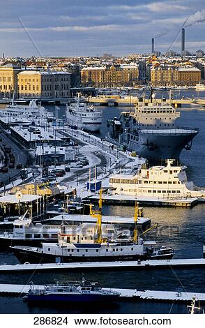 Picture - Aerial view of boast in harbor, Stockholm, Sweden . Fotosearch