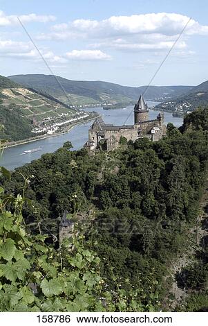 Aerial view of castle at riverside, Stahleck Castle, Bacharach, Rhine River, Rhineland-Palatinate, Germany View Large Photo Image Stock Photograph - Aerial view of castle at riverside, Stahleck Castle, Bacharach, Rhine River, Rhineland-Palatinate, Germany . Fotosearch