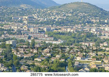 Aerial view of city, Alpes-De-Haute-Provence, France View Large Photo Image Stock Photography - Aerial view of city, Alpes-De-Haute-Provence, France . Fotosearch