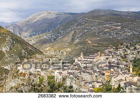 Aerial view of houses in village, Saorge, Roya Bevera Valley, Provence-Alpes-Cote d'Azur, France View Large Photo Image Stock Image - Aerial view of houses in village, Saorge, Roya Bevera Valley, Provence-Alpes-Cote d'Azur, France . Fotosearch