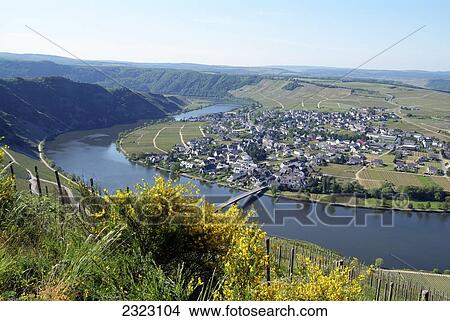 Aerial view of river flowing through landscape, Piesport, Moselschleife, Moseltal, Moselle River, Rhineland-Palatinate, Germany View Large Photo Image Picture - Aerial view of river flowing through landscape, Piesport, Moselschleife, Moseltal, Moselle River, Rhineland-Palatinate, Germany . Fotosearch