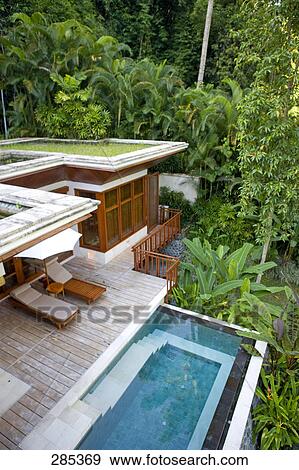Aerial view of swimming pool in resort, Bali, Indonesia View Large Photo Image Stock Photo - Aerial view of swimming pool in resort, Bali, Indonesia . Fotosearch