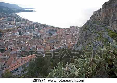 Aerial view of town at coast, Cefalu, Sicily, Italy View Large Photo Image Stock Image - Aerial view of town at coast, Cefalu, Sicily, Italy . Fotosearch
