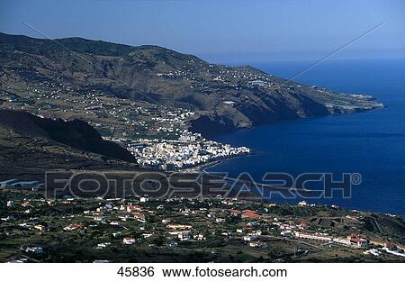 Aerial view of town at coast, La Palma, Canary Islands, Spain View Large Photo Image Stock Photograph - Aerial view of town at coast, La Palma, Canary Islands, Spain . Fotosearch