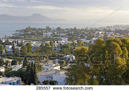 Stock Photo - Aerial view of town at coast, Tunisia . Fotosearch