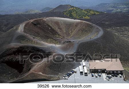 Stock Photograph - Aerial view of volcanic mountain, Rifugio Sapienza, Mount Etna, Sicily, Italy . Fotosearch