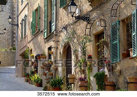 Stock Photography - Alley and facade, Valldemossa, Mallorca, Spain, Europe . Fotosearch