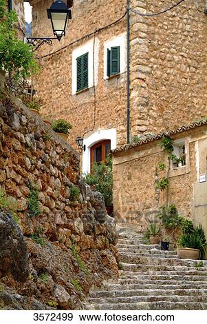 Stock Photo - Alley and stairs, Fornalutx, Mallorca, Spain, Europe . Fotosearch