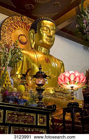 Altar with a statue of Buddha in a temple, Vietnam, low angle view View Large Photo Image Stock Image - Altar with a statue of Buddha in a temple, Vietnam, low angle view . Fotosearch