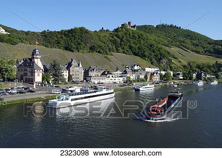 Barges in river, Mosel River, Landshut Castle, Rhineland-Palatinate, Germany View Large Photo Image Stock Photo - Barges in river, Mosel River, Landshut Castle, Rhineland-Palatinate, Germany . Fotosearch