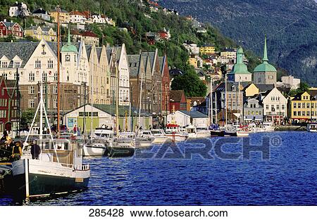 Stock Photo - Boats moored at harbor, Bergen, Norway . Fotosearch