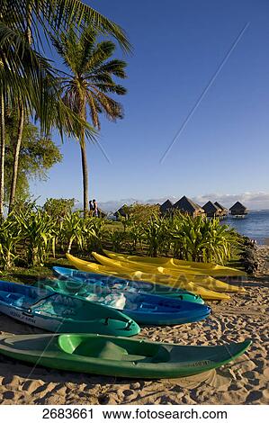 Stock Image - Boats on beach, Hotel Meridien, Punaauia, Tahiti, Society Island, French Polynesia . Fotosearch