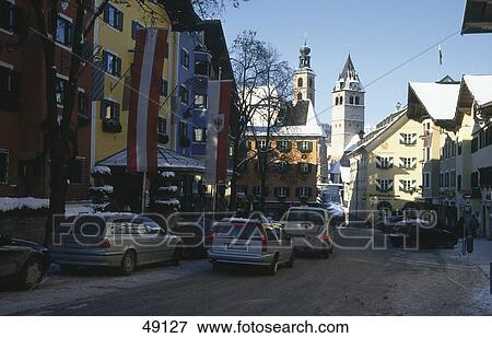 Cars in town street, Kitzbuhel, Austria View Large Photo Image Stock Photo - Cars in town street, Kitzbuhel, Austria . Fotosearch