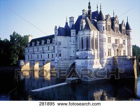 Stock Photography - Castle surrounded by water, Chateau De Chenonceaux, Indre-Et-Loire, France . Fotosearch