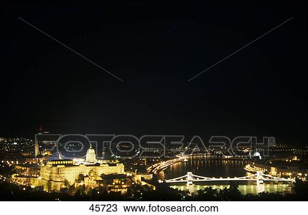 City with bridge lit up at night, Kettenbrucke, Danube River, Burgberg, Budapest, Hungary View Large Photo Image Stock Image - City with bridge lit up at night, Kettenbrucke, Danube River, Burgberg, Budapest, Hungary . Fotosearch