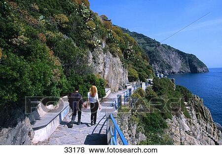 Couple walking on walkway, Via Dell Amore, Manarola, Cinque Terre, Liguria, Italy View Large Photo Image Stock Photo - Couple walking on walkway, Via Dell Amore, Manarola, Cinque Terre, Liguria, Italy . Fotosearch