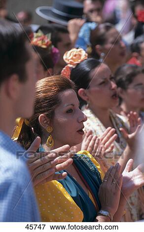 Stock Photo - Crowd of people celebrating traditional festival, Pentecost pilgrimage, El Rocie, Huelva, Andalusia, Spain . Fotosearch