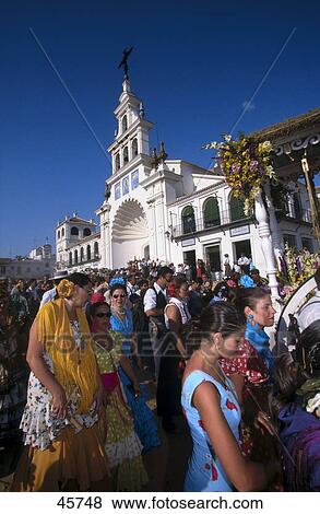 Stock Photo - Crowd of people celebrating traditional festival, Pentecost Pilgrimage, El Rocie, Huelva, Andalusia, Spain . Fotosearch