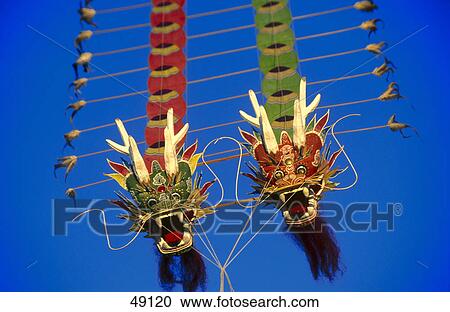 Stock Image - Dragon head kite flying against blue sky . Fotosearch