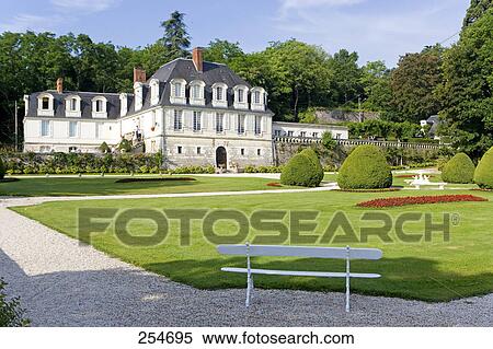 Stock Photography - Empty bench in front of castle, Chateau De Beaulieu, Indre-Et-Loire, France . Fotosearch