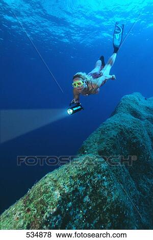 Female scuba diver swimming underwater, Corfu, Greece View Large Photo Image Stock Photo - Female scuba diver swimming underwater, Corfu, Greece . Fotosearch