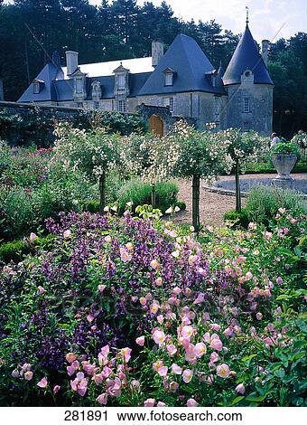 Stock Image - Flowers blooming in front of mansion, Indre-Et-Loire, La Chatonniere, Loire Valley, France . Fotosearch