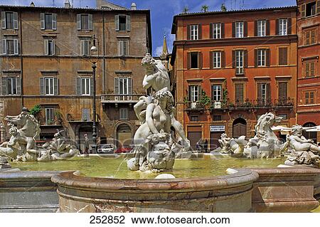 Fountain in front of buildings, Fountain Of Neptune, Piazza Navona, Rome, Italy View Large Photo Image Stock Image - Fountain in front of buildings, Fountain Of Neptune, Piazza Navona, Rome, Italy . Fotosearch
