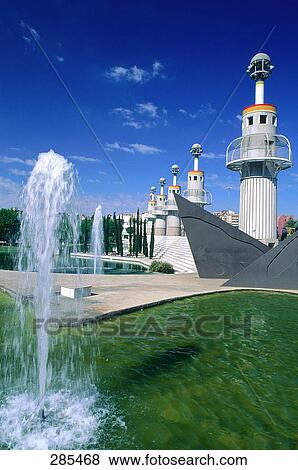 Fountains in front of towers, Barcelona, Catalonia, Spain View Large Photo Image Stock Photo - Fountains in front of towers, Barcelona, Catalonia, Spain . Fotosearch