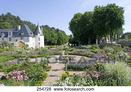 Stock Photo - Garden in front of castle, Chateau De La Chatonniere, Indre-Et-Loire, France . Fotosearch