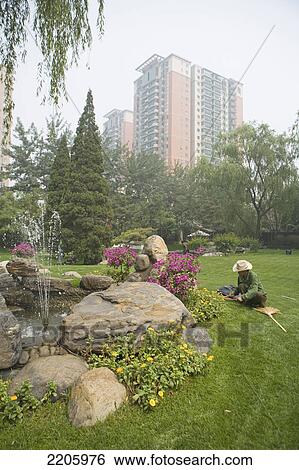 Gardener working at garden near fountain, Beijing, China View Large Photo Image Stock Photograph - Gardener working at garden near fountain, Beijing, China . Fotosearch