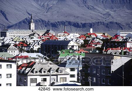 Stock Photography - High angle view of cityscape, Reykjavik, Iceland . Fotosearch