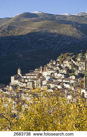 High angle view of houses on hill, Saorge, Roya Bevera Valley, Provence-Alpes-Cote d'Azur, France View Large Photo Image Stock Photo - High angle view of houses on hill, Saorge, Roya Bevera Valley, Provence-Alpes-Cote d'Azur, France . Fotosearch