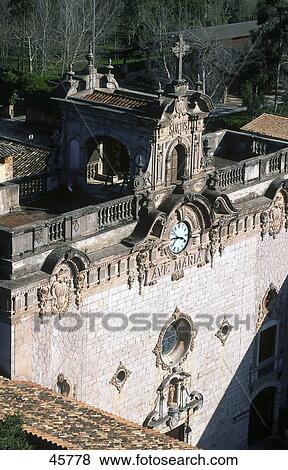 High angle view of monastery, Lluc Monastery, Serra de Tramuntana, Majorca, Balearic Islands, Spain View Large Photo Image Stock Photo - High angle view of monastery, Lluc Monastery, Serra de Tramuntana, Majorca, Balearic Islands, Spain . Fotosearch