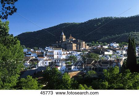 Stock Image - Houses in town, Galaroza, Sierra de Aracena, Andalusia, Spain . Fotosearch