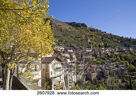 Stock Photo - Houses on hill, Saorge, Roya Bevera Valley, Alpes-Maritimes, Provence-Alpes-Cote d'Azur, France . Fotosearch