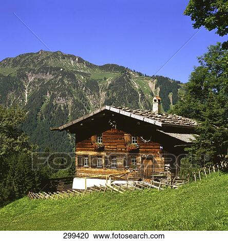 Stock Image - Hut on mountain, Allgaeu Obertsdorf, Bavaria, Germany . Fotosearch