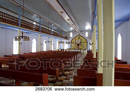 Stock Photograph - Interiors of church, Moerai, Rurutu Island, French Polynesia . Fotosearch