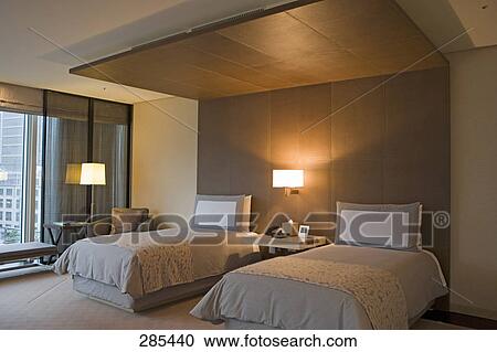 Stock Image - Interiors of hotel room, Hotel Century Southern Tower, Tokyo Prefecture, Japan . Fotosearch