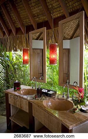 Interiors of resort's bathroom, Saint-Regis Resort, Bora Bora, Society Island, French Polynesia View Large Photo Image Stock Photo - Interiors of resort's bathroom, Saint-Regis Resort, Bora Bora, Society Island, French Polynesia . Fotosearch