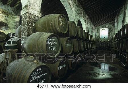 Interiors of wine cellar, Bodega Osborne, El Puerto de Santa Maria, Cadiz, Andalusia, Spain View Large Photo Image Stock Image - Interiors of wine cellar, Bodega Osborne, El Puerto de Santa Maria, Cadiz, Andalusia, Spain . Fotosearch