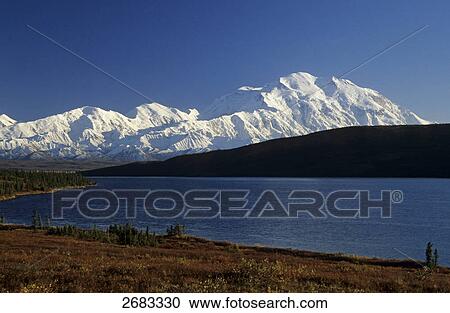 Lake in front of snow covered mountain range, Mt McKinley, Wonder Lake, Denali National Park, Alaska, USA View Large Photo Image Stock Image - Lake in front of snow covered mountain range, Mt McKinley, Wonder Lake, Denali National Park, Alaska, USA . Fotosearch