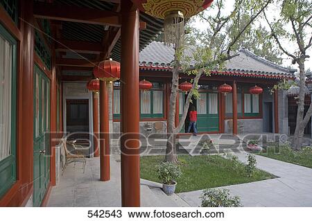 Stock Image - Lanterns hanging in hotel, Sihe Courtyard Hotel, Deng Cao Hutong, Dongsi South Street, Dongcheng District, Beijing, China . Fotosearch