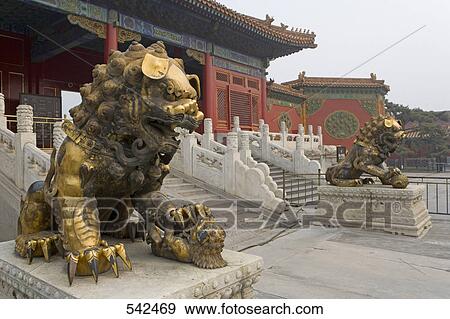 Lion Statues In Front Of Temple Tiananmen Gate Heavenly Peace Imperial Palace Forbidden City Beijing China