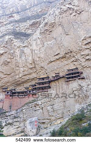 Low angle view of monastery on cliff, Shaanxi Province, China View Large Photo Image Stock Photo - Low angle view of monastery on cliff, Shaanxi Province, China . Fotosearch