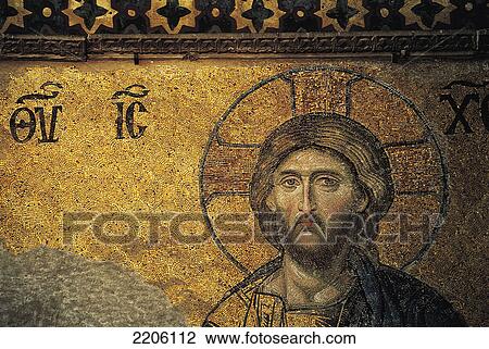 Stock Image - Mosaic tiles of Jesus on wall . Fotosearch