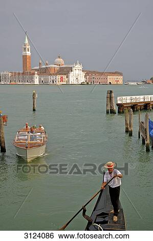 Motorboat and gondola, view on San Giorgio Maggiore, Venice View Large Photo Image Stock Photograph - Motorboat and gondola, view on San Giorgio Maggiore, Venice . Fotosearch