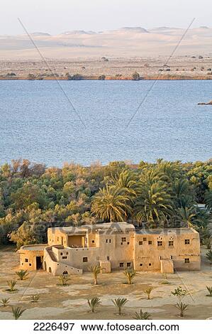 Palm trees and house near lake, Adrere Amellal, Siwa, Egypt View Large Photo Image Stock Photo - Palm trees and house near lake, Adrere Amellal, Siwa, Egypt . Fotosearch